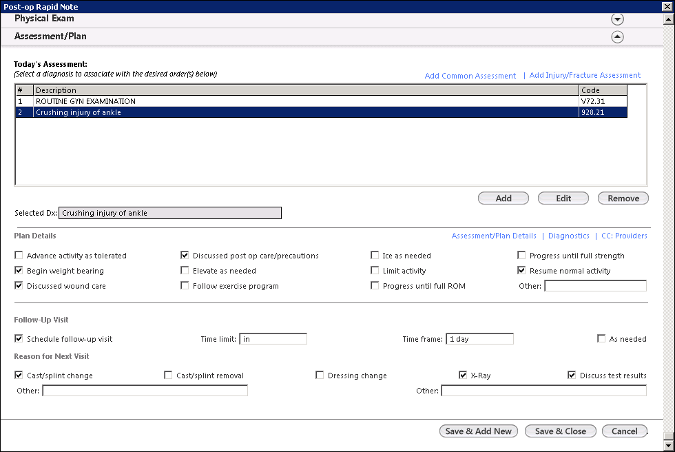 Assessment/Plan panel on the Post-op Rapid Note template