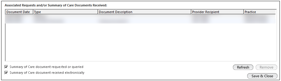 Associated Requests and/or Summary of Care Documents Received