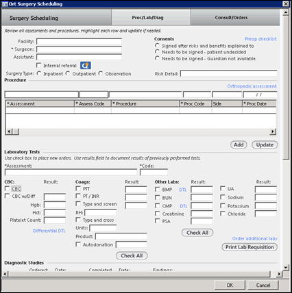 Consult/Orders tab on the Ort Surgery Scheduling template