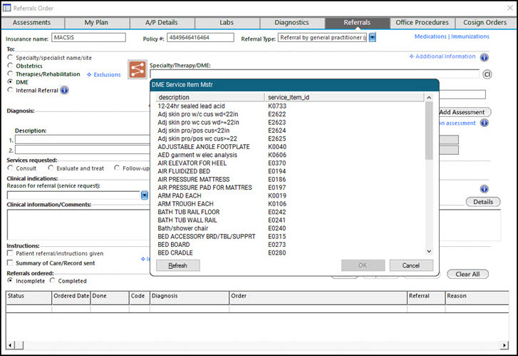 Options to Document Referrals Window