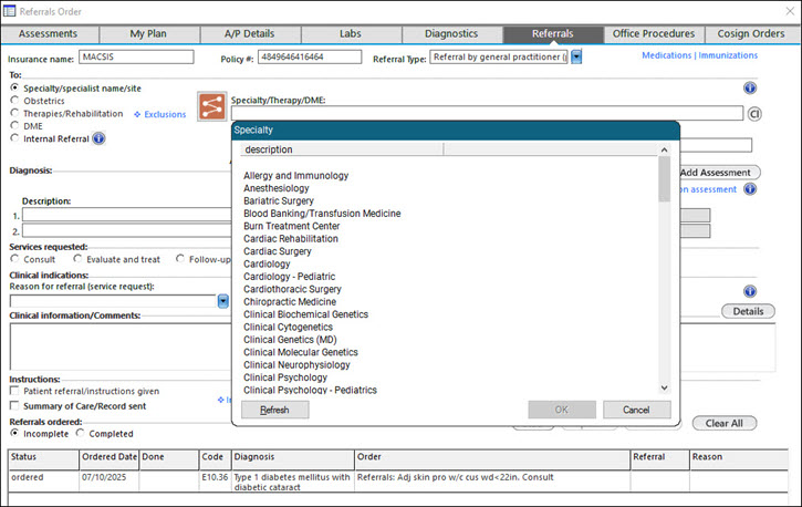 Options to document the Referrals Order template