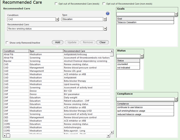 Options to document the Recommended Care templete