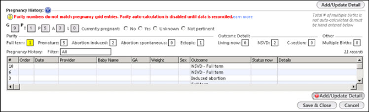 Alert message in Pregnancy History grid