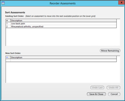 Reorder Assessments window displaying the existing sort order and new sort order of assessments