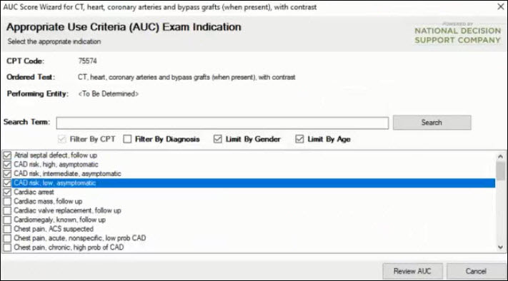 AUC score wizard window displaying the exams to select