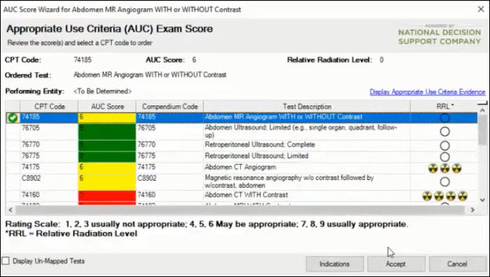 AUC score wizard window to review the CPT codes