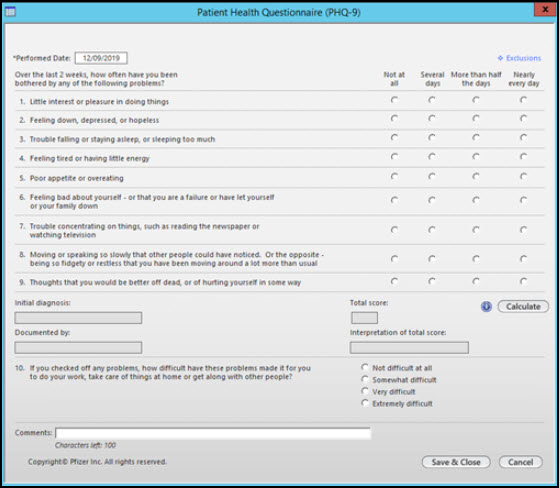 Patient Health Questionnaire (PHQ-9) template