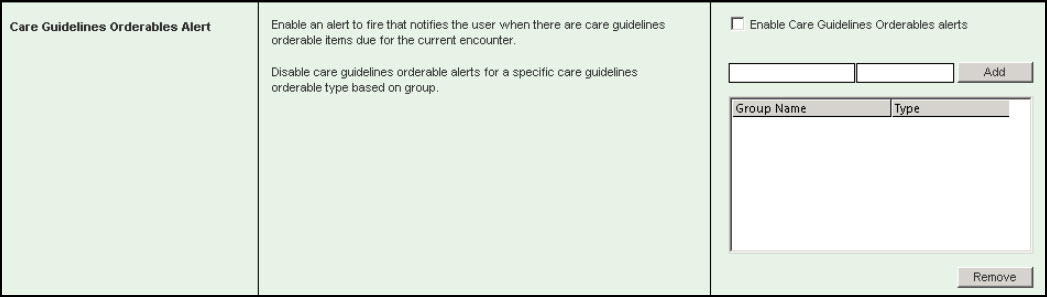 Care Guidelines Orderables Alert section