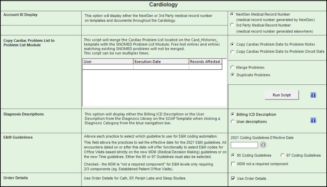 Practice Configuration Template Cardiology section