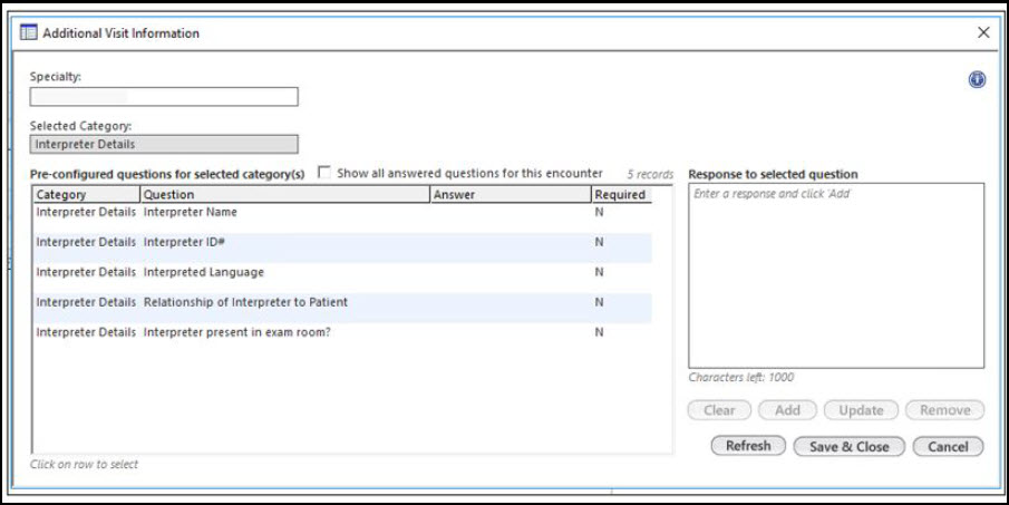 Additional Visit Information window