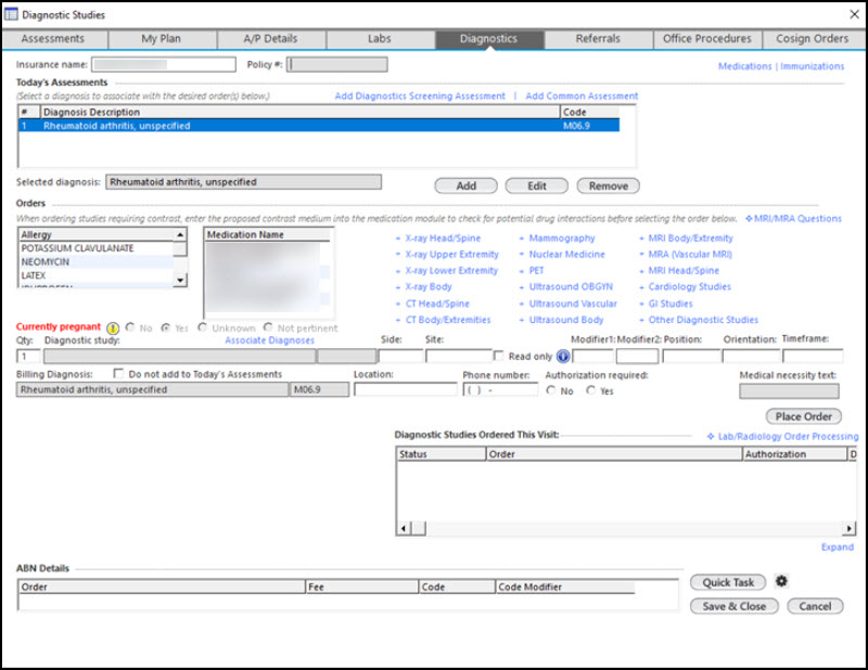 Diagnostic Studies template window