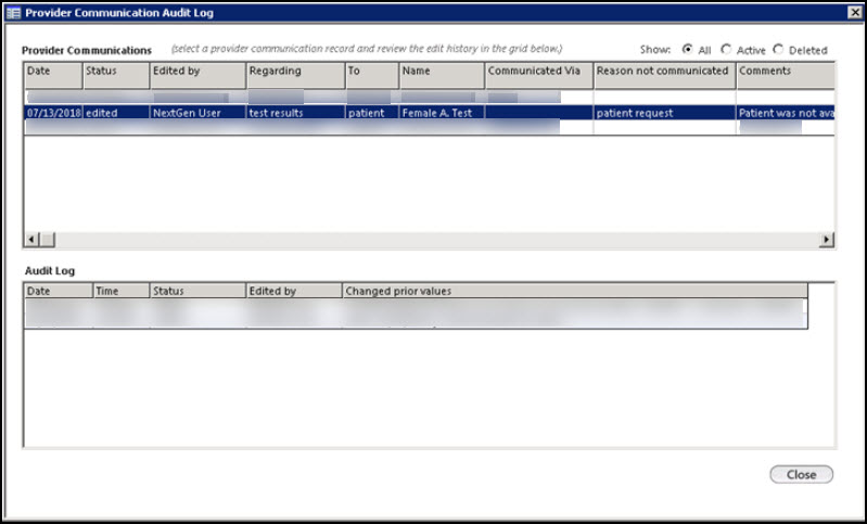 Provider Communication Audit Log sections