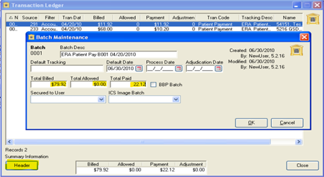 Image of the Batch Maintenance window with the specified totals entered.