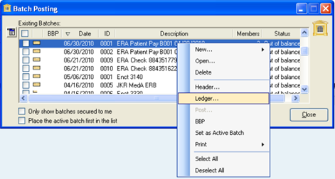 Image of the Batch Posting window after right-selecting to see the menu with the available option to select Ledger....