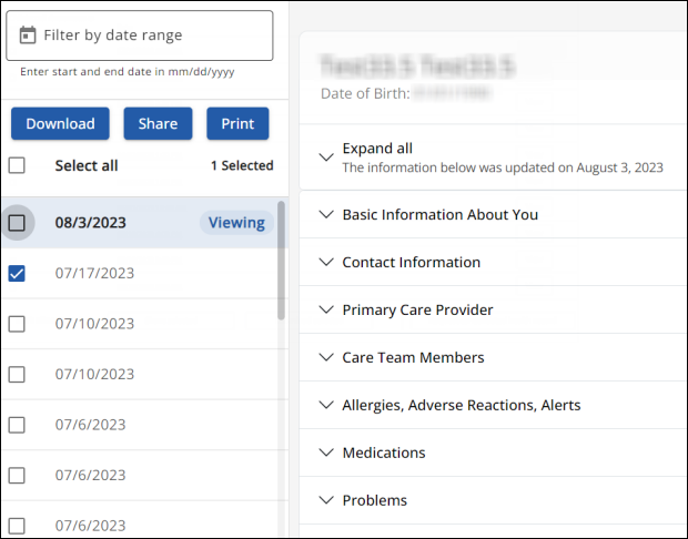 Health record summary page