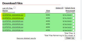Image of the list of files that can be downloaded.