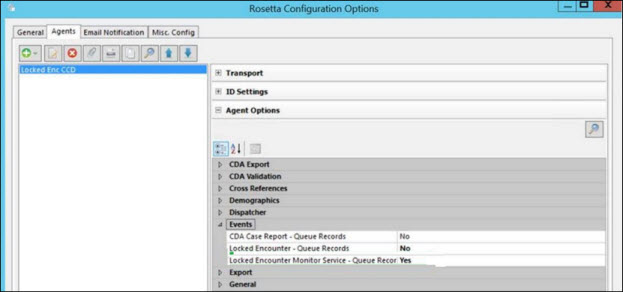 Rosetta Configurations Options window displaying the Events panel