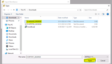 Image of the Import Remittance file selection window.