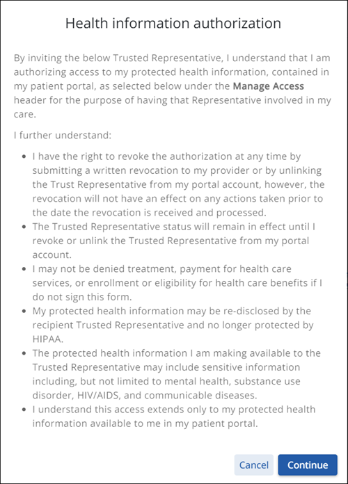 Health information authorization page