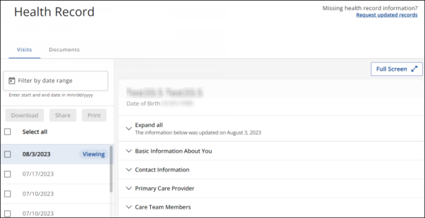 Health record summary page