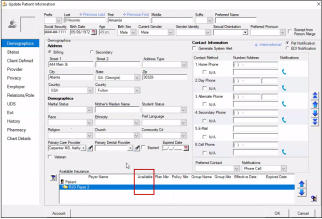 Available column cleared in the Available Insurance section of the patient information page
