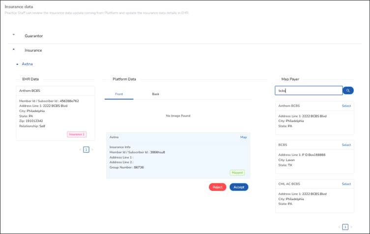 Map Payer column used to search for payers to map to patient-entered insurance