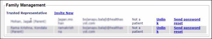The Family Management section provides a list of trusted representatives, as well as options to unlink each one or send a password reset
