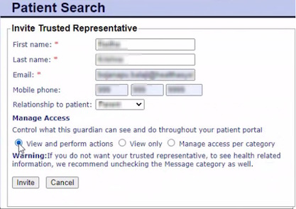 The Invite Trusted Representative page prompts you to enter contact information and manage access for the representative