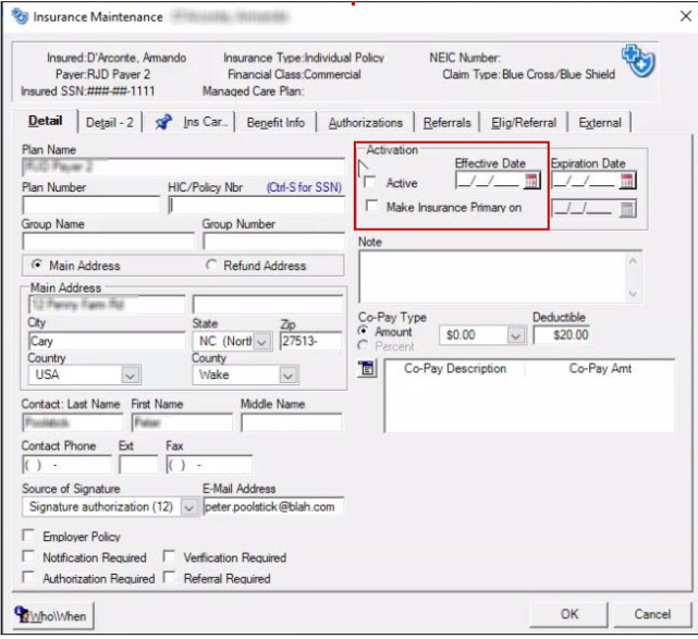 Active check box cleared in the Activation section of the Insurance Maintenance page