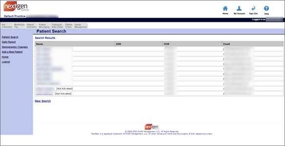 The Search Results page displays the name, social security number, birth date, and email address for each matching patient