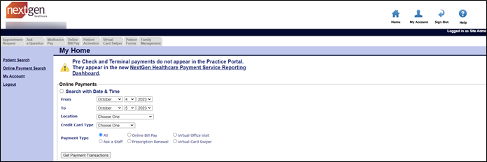 The Online Payments section displays search criteria such as the date and time, location, credit card type, and payment type