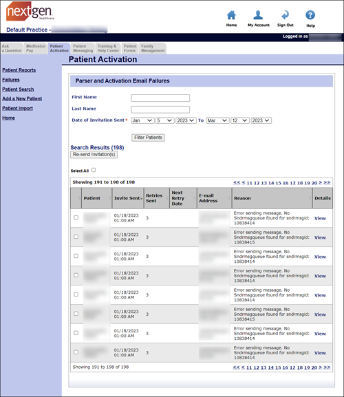 For each failed invitation, the Parser and Activation Email Failures displays the patient name, invitation date, number of retries, next retry date, email address, failure reason, and a link to view details