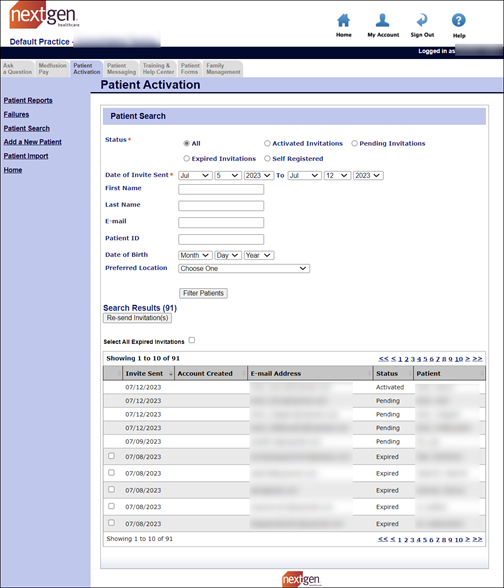 The Patient Search section enables you select filter criteria and also displays results from the search