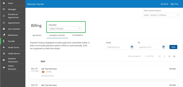 Payment History tab