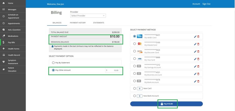 Pay Bills tab with updated amounts based on entered number