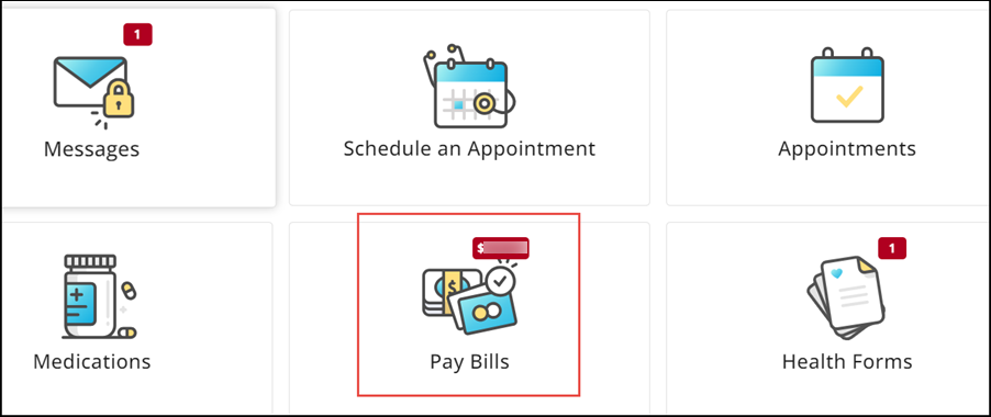 Image of the available pages on a practice portal page, with the Pay Bills option highlighted with a red box.