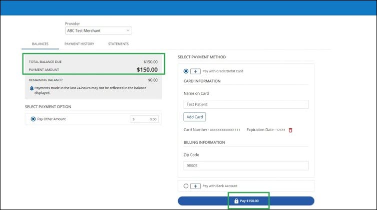 Image of the Payment page on the Balances tab.