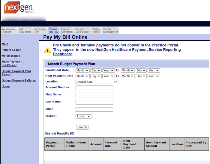 The Search Budget Payment Plan enables you to enter search criteria and displays search results