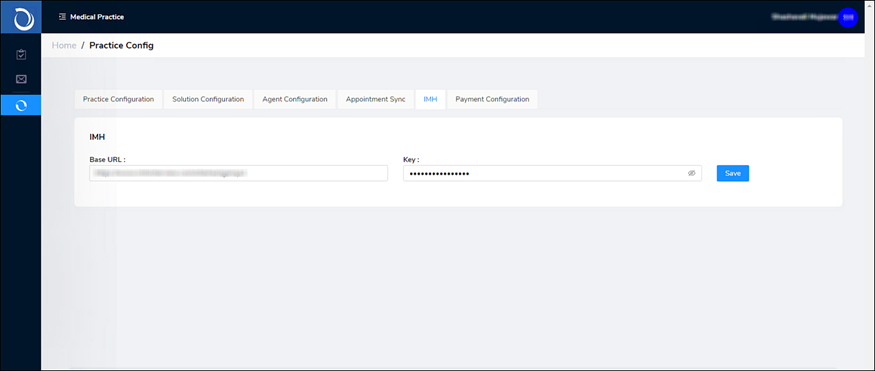 IMH Configuration tab used to configure the IMH URL and encryption key
