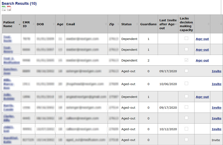 For each matching patient, the Search Results pane displays the patient information and links to Age-out or Invite