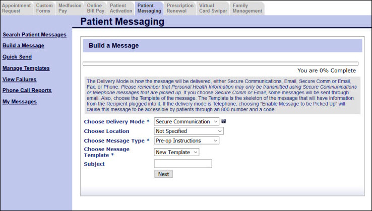The Build a Message section prompts you to enter the delivery mode, location, message type, template, and subject.