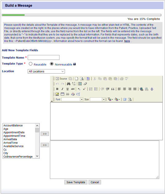 Fields for defining a template