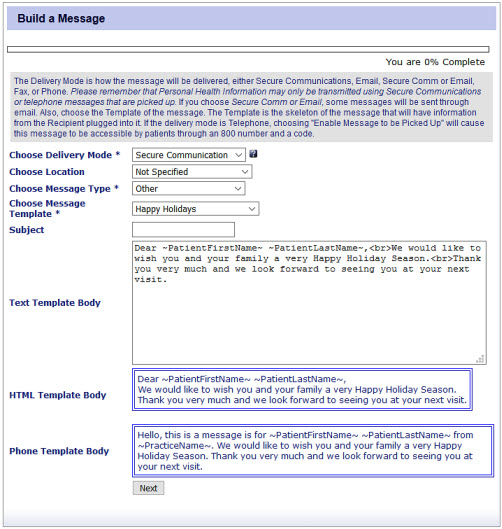 The body fields show the standard text with embedded variables such as ~PatientLastName~ or ~PracticeName~