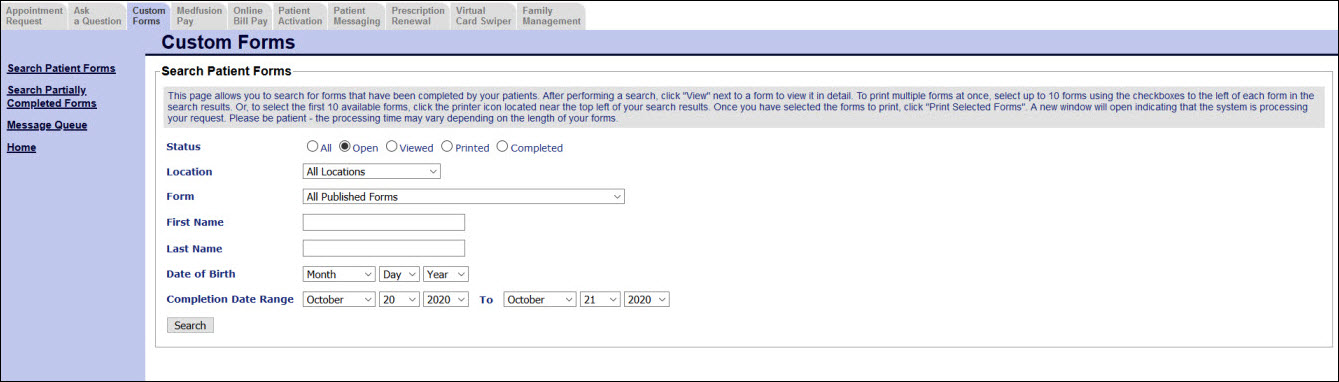 The Custom Forms page presents a Search Patient Forms section