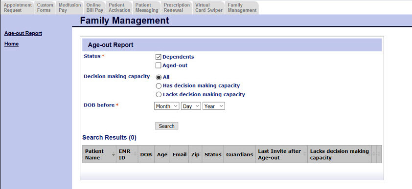 The Family Management page displays an Age-out Report section where you can filter on status, decision-making capacity, and birth date