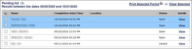 For each patient form, the list includes the name, completion date/time, location, status, and a link to details