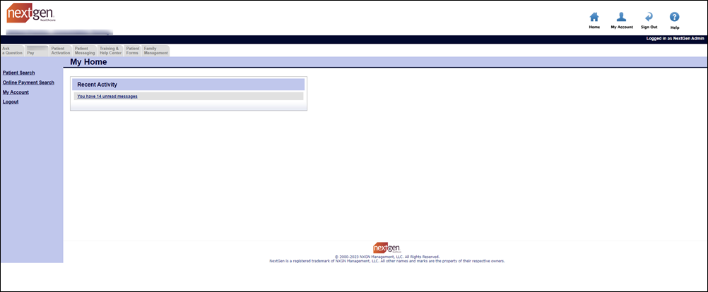 The My Home page shows recent activity and provides links for patient search, online payment search, account information, and logout
