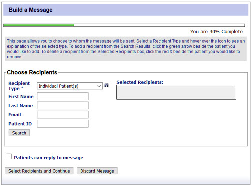 The Choose Recipients section enables you to search for patients by name, email, or patient ID
