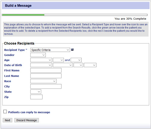 The Choose Recipients section enables you to search for patients based on criteria such as gender, age, birth date, and contact information