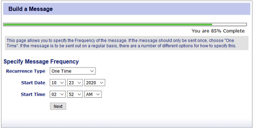 The Specify Message Frequency section prompts you to specify the recurrence type, start date, and start time